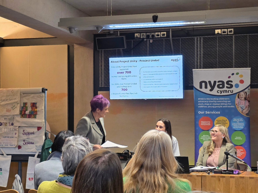 Minister for Children and Social Care, Dawn Bowden, speaks at the event